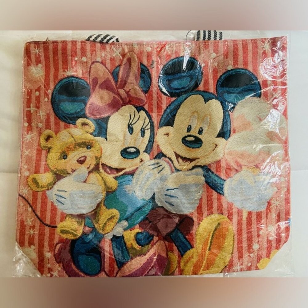Disney Mickey & Minnie Mouse Date Night Sweet Pink Striped Large Canvas Tote New